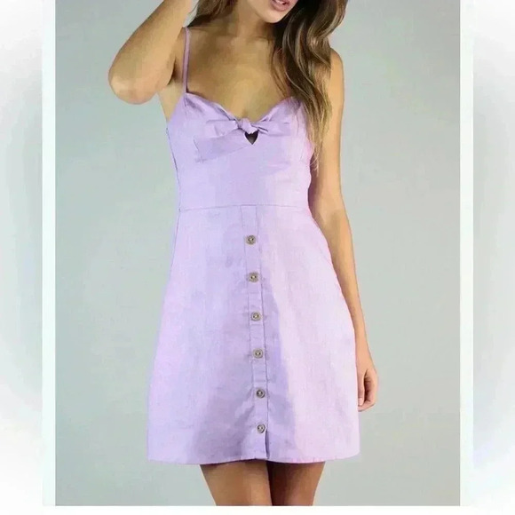 Karlie Linen Blend Light Purple Spaghetti Strap Dress Buttons Tie Front Medium - Picture 1 of 6